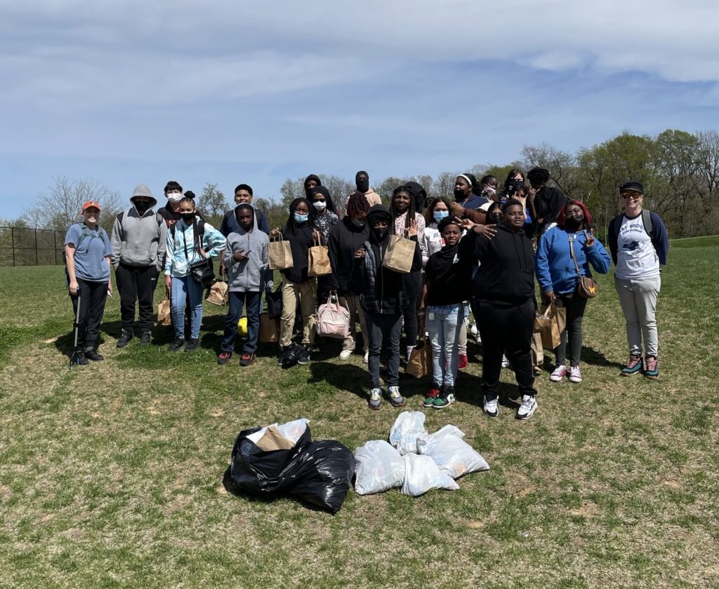 Community trash cleanup event with students from Bay Brook Elementary / Middle School during the 2022 Baltimore-Rotterdam Operation Trash exchange organized by Kathie diStefano.