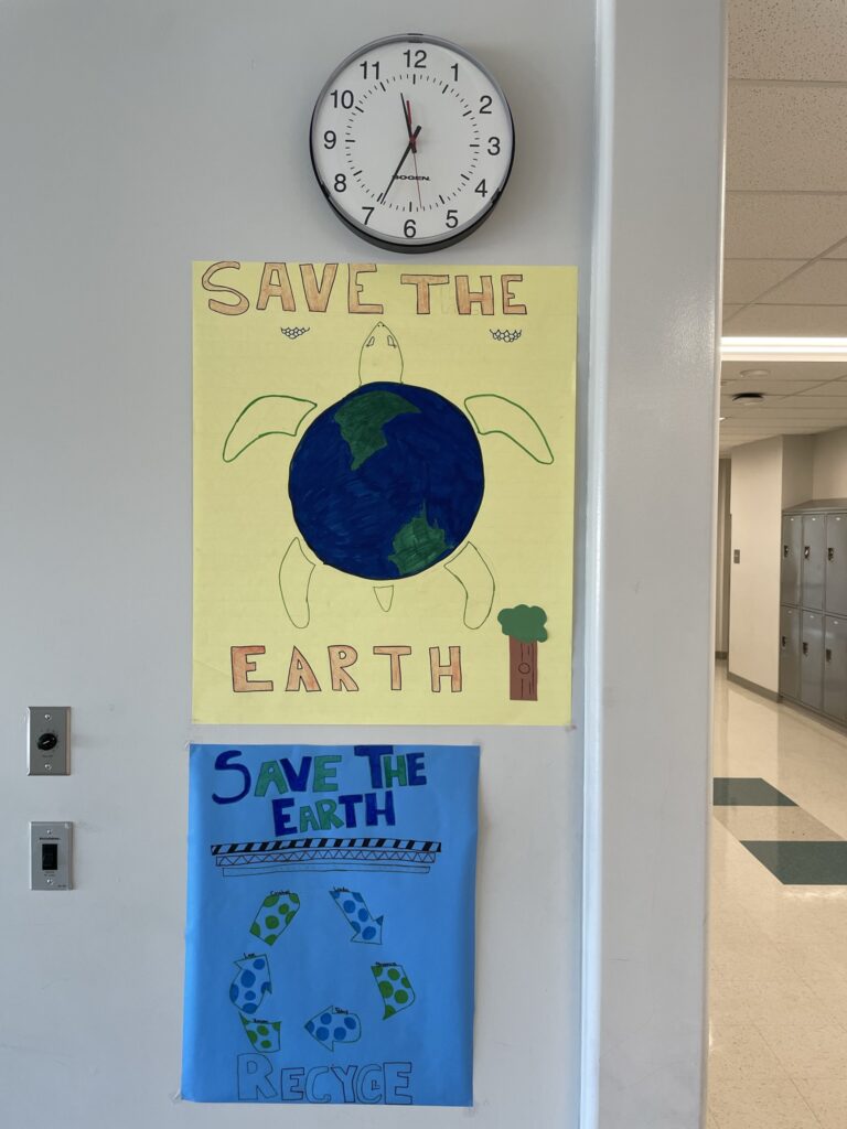 "Save the Earth" posters designed by students at Bay Brook Elementary / Middle School during the 2022 Baltimore-Rotterdam Operation Trash exchange organized by Kathie diStefano.